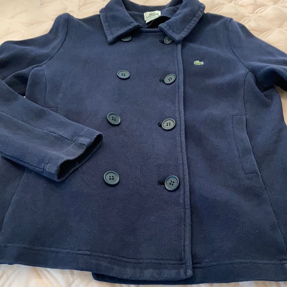 Classic Lacoste Navy Double Breasted Heavy Knit Jacket.